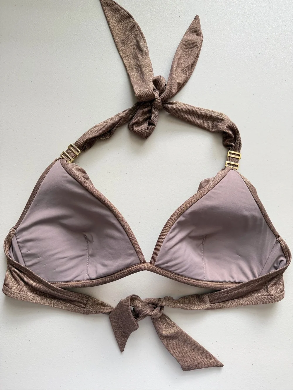 Dolcessa Swimwear Triangle Halter Bikini Top Taupe Shimmer Size M
